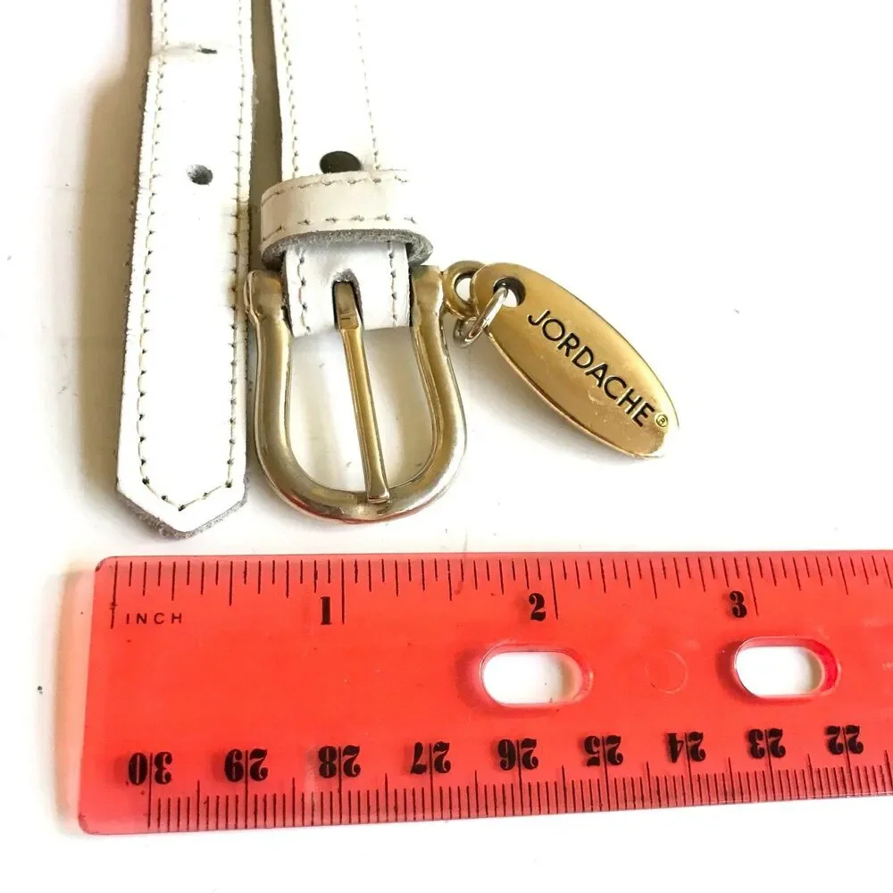 Vtg Jordache White Leather Belt Brass Horse Logo Slim Thin Womens Size XS Small